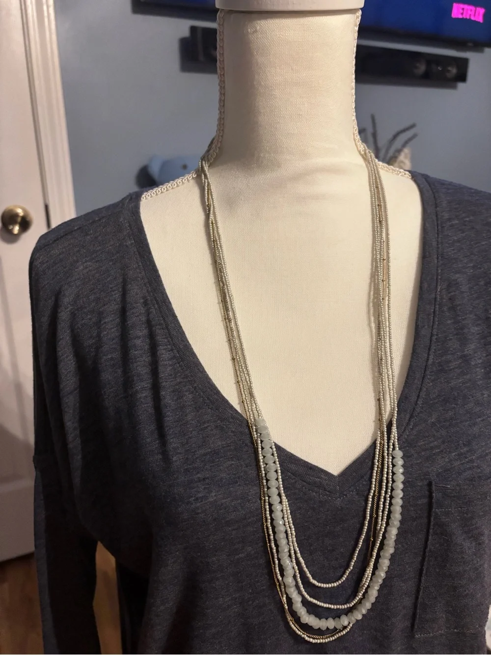 Layered Beaded Multi-Strand Necklace in Light Blue/Gray